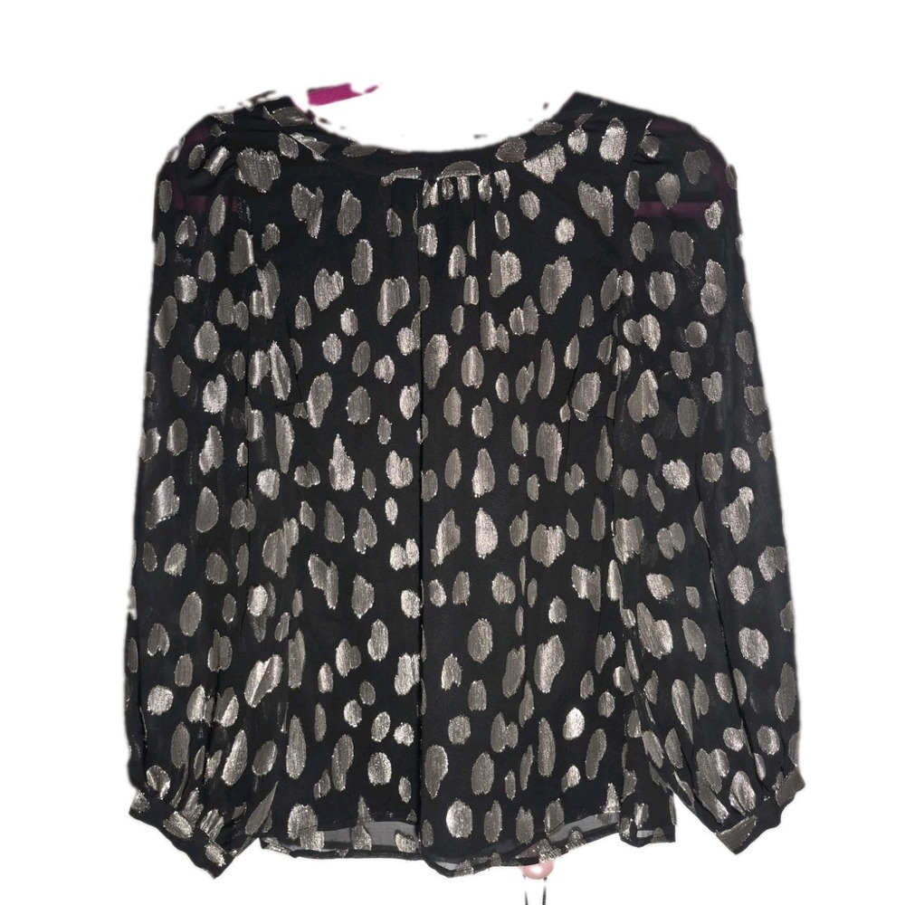 Talbots Clip Dot Tie Back Blouse Lined Balloon Foil Top Silver Black Small